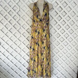 New Zara Maxi Dress Size M Plunge Neck Yellow Printed Beaded Boho Beach Flowy